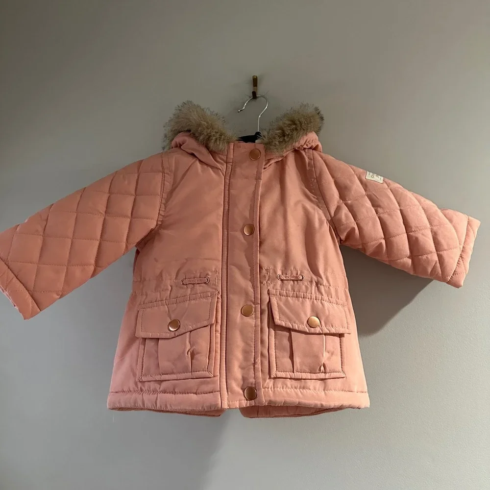 OshKosh B'gosh Baby Girls Quilted Hooded Parka Jacket Pink Size 12M‎ Faux Fur